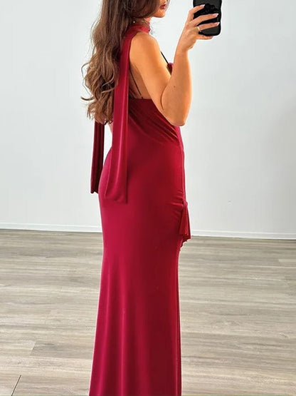 Cowl Neck Spaghetti Strap Side Ruffle Drape Bodycon Maxi Dress