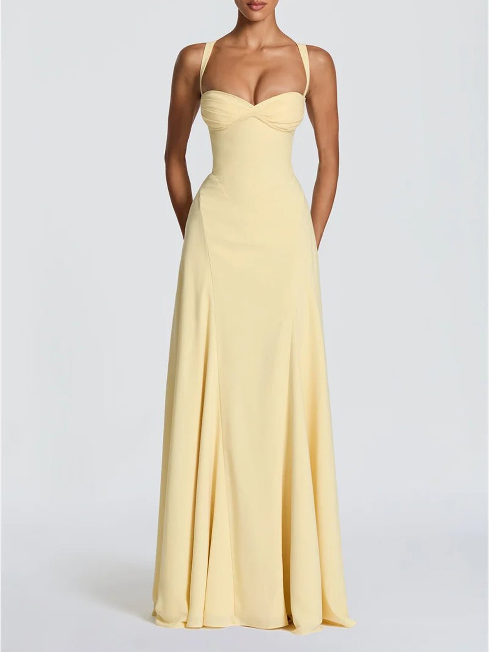 Yellow Crepe Sweetheart Neck Pleated Bust Twist Detail Wide Strap Sleeveless Drop Waist Princess Seam Panel A-Line Gown