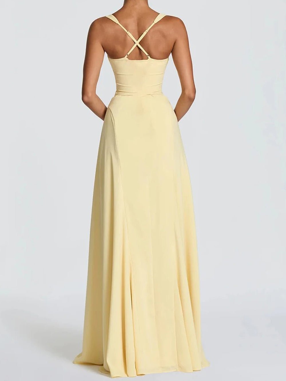 Yellow Crepe Sweetheart Neck Pleated Bust Twist Detail Wide Strap Sleeveless Drop Waist Princess Seam Panel A-Line Gown