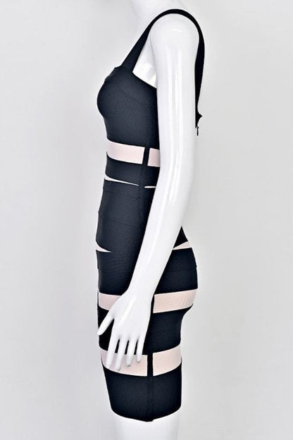 Classic Black Geometric Stripe Square Neck Sleeveless Bandage Mini Dress