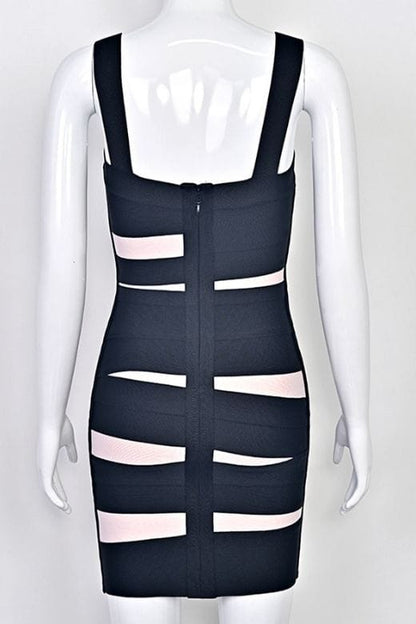 Classic Black Geometric Stripe Square Neck Sleeveless Bandage Mini Dress