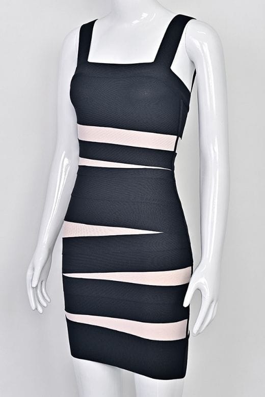 Classic Black Geometric Stripe Square Neck Sleeveless Bandage Mini Dress