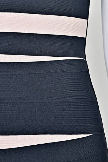 Classic Black Geometric Stripe Square Neck Sleeveless Bandage Mini Dress