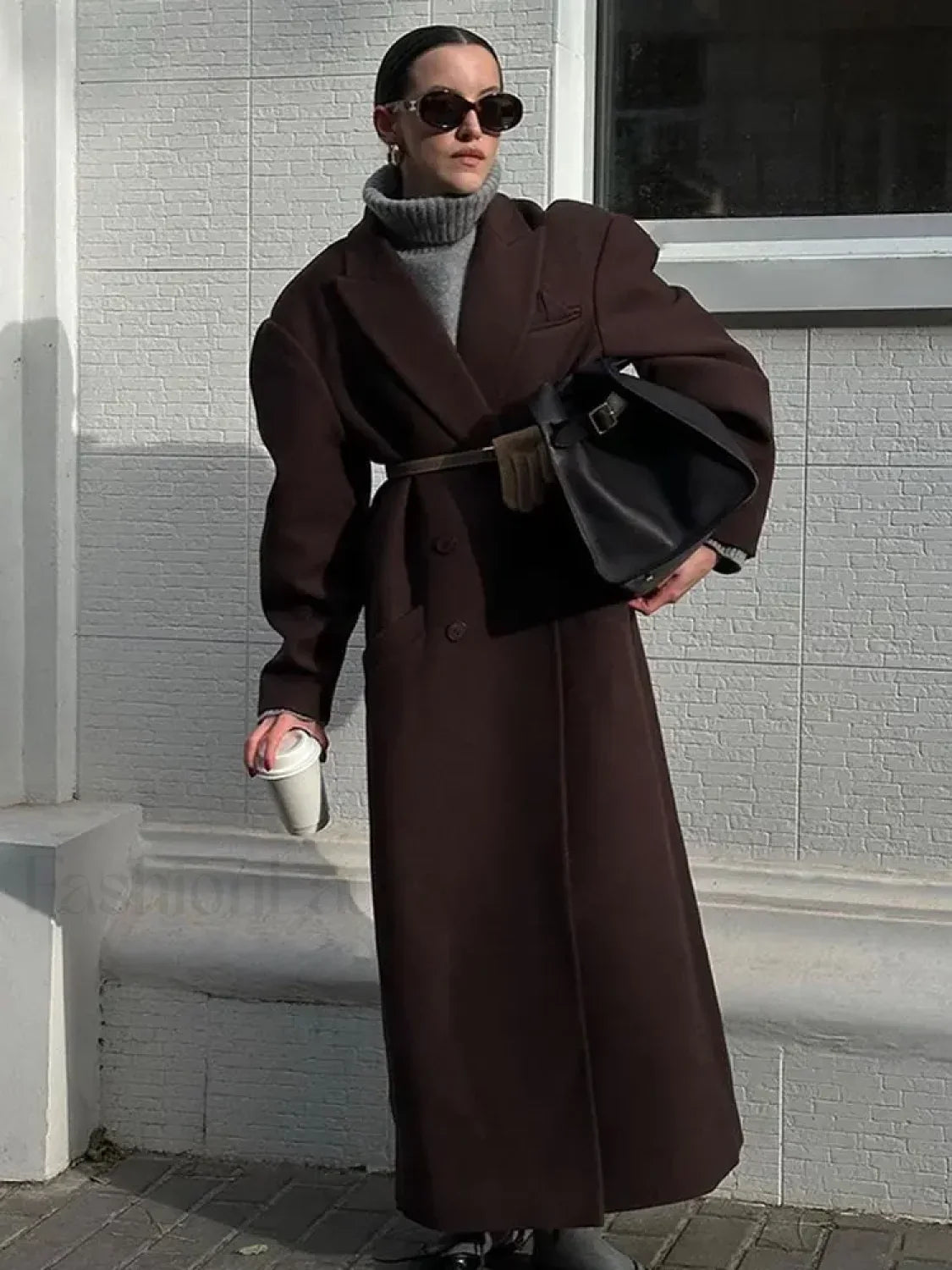 Flip Collar Double Breasted Pocket Woolen Coat Fashion Long Sleeved Overcoats
