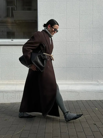 Flip Collar Double Breasted Pocket Woolen Coat Fashion Long Sleeved Overcoats