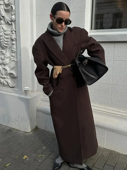 Flip Collar Double Breasted Pocket Woolen Coat Fashion Long Sleeved Overcoats