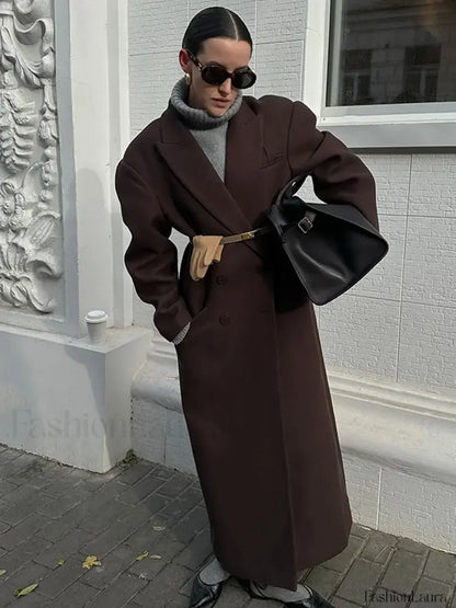 Flip Collar Double Breasted Pocket Woolen Coat Fashion Long Sleeved Overcoats