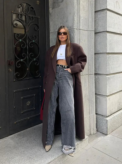 Flip Collar Double Breasted Pocket Woolen Coat Fashion Long Sleeved Overcoats