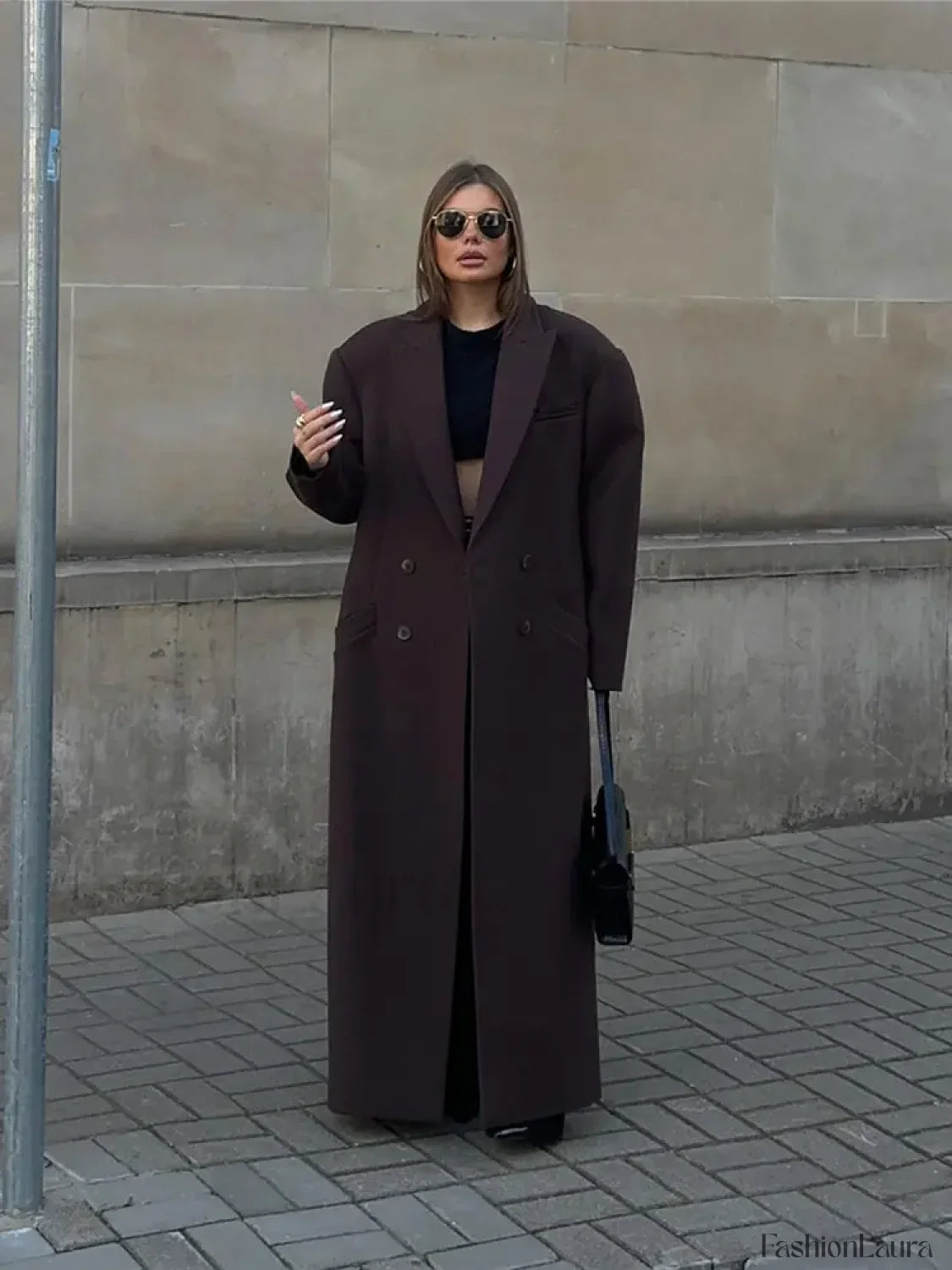 Flip Collar Double Breasted Pocket Woolen Coat Fashion Long Sleeved Overcoats