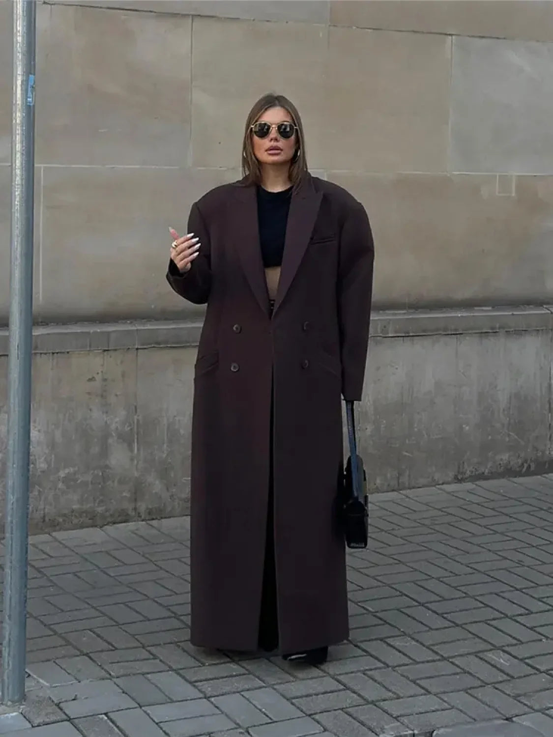 Flip Collar Double Breasted Pocket Woolen Coat Fashion Long Sleeved Overcoats