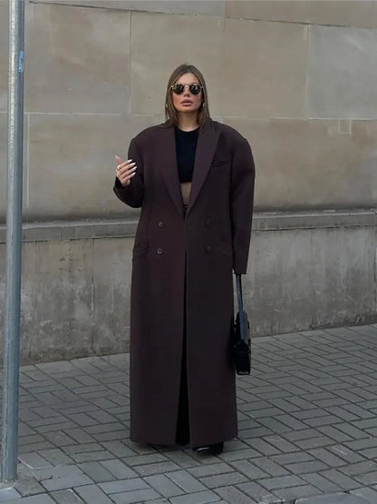 Flip Collar Double Breasted Pocket Woolen Coat Fashion Long Sleeved Overcoats