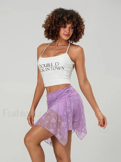 Floral Lace Asymmetric Mini Skirt