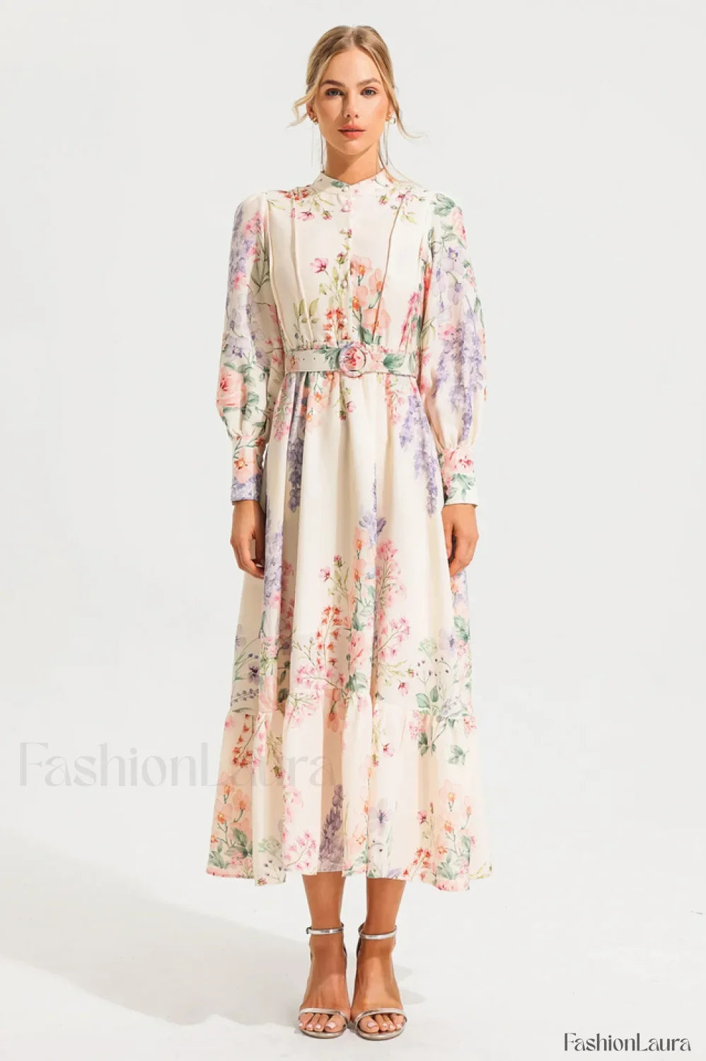 Floral Long Sleeve Charming Maxi Dress With Belt