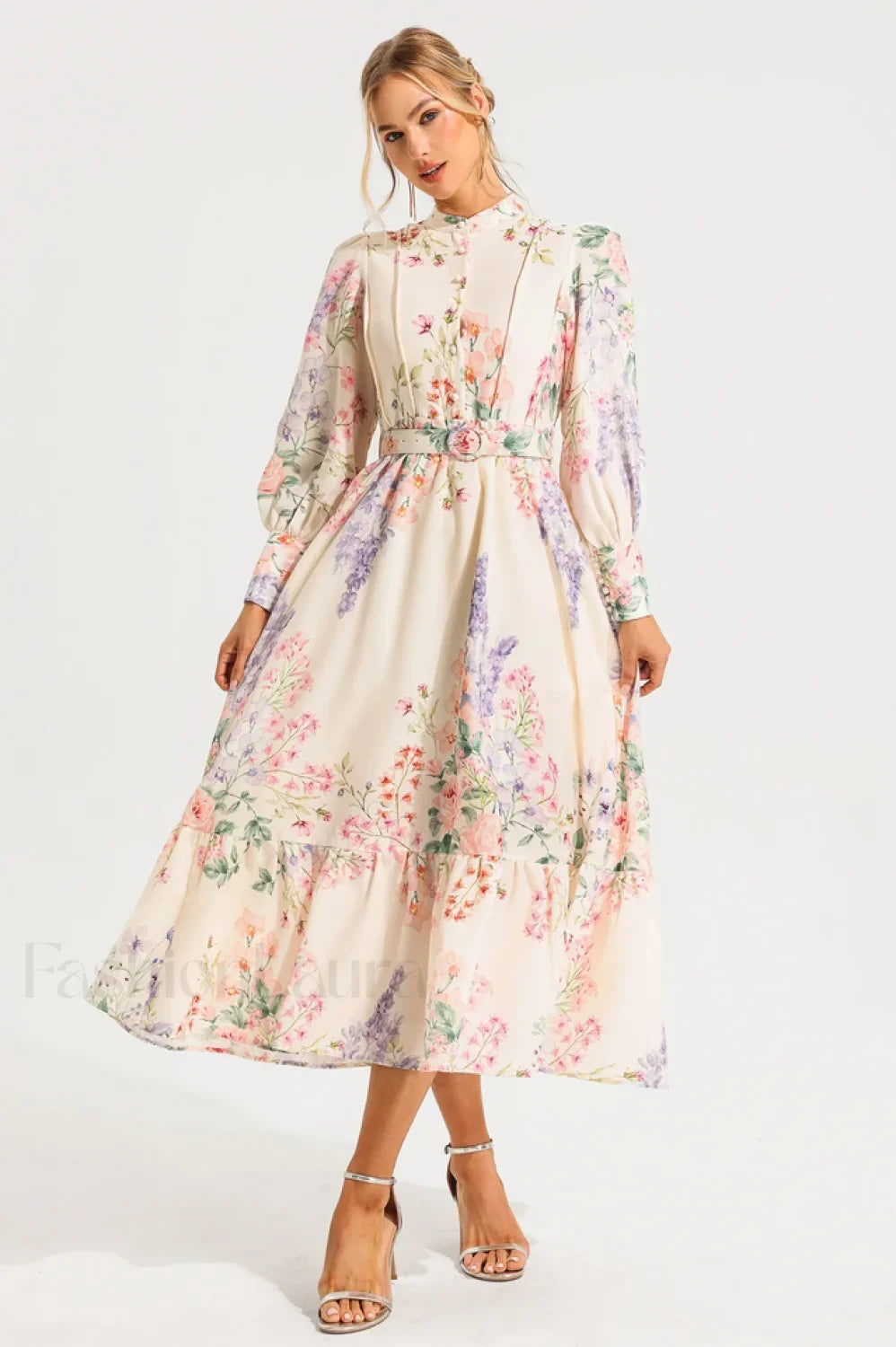Floral Long Sleeve Charming Maxi Dress With Belt