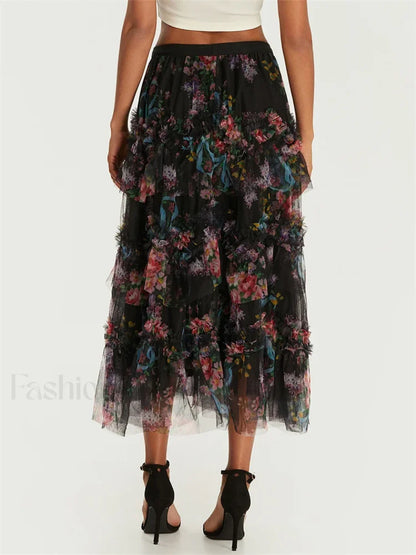 Floral Mesh Tiered Tulle Skirt