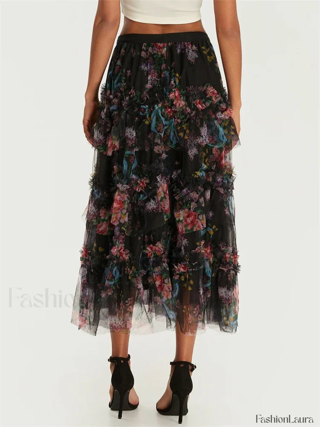 Floral Mesh Tiered Tulle Skirt