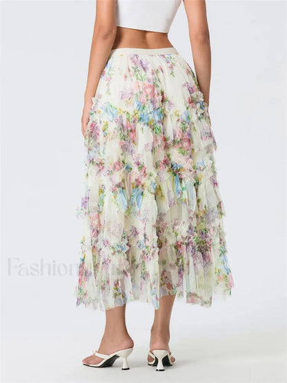 Floral Mesh Tiered Tulle Skirt
