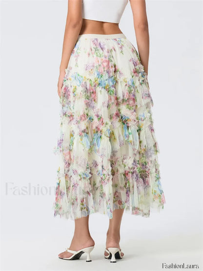 Floral Mesh Tiered Tulle Skirt