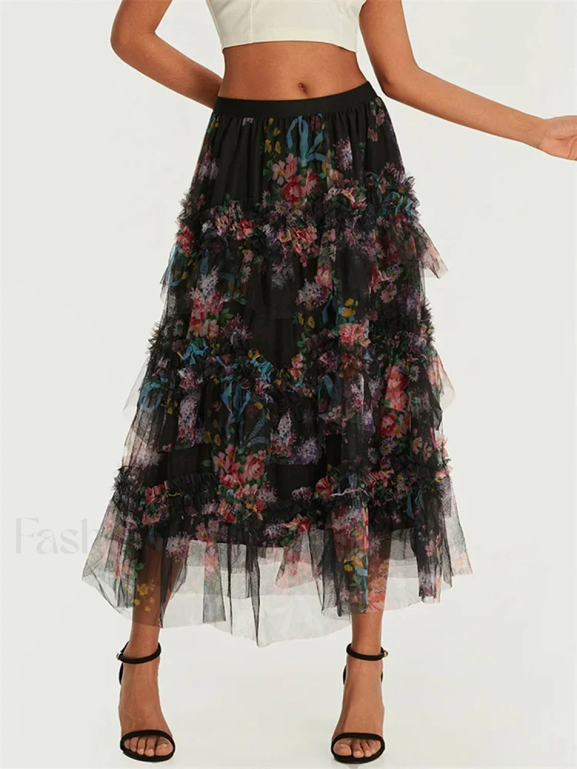 Floral Mesh Tiered Tulle Skirt