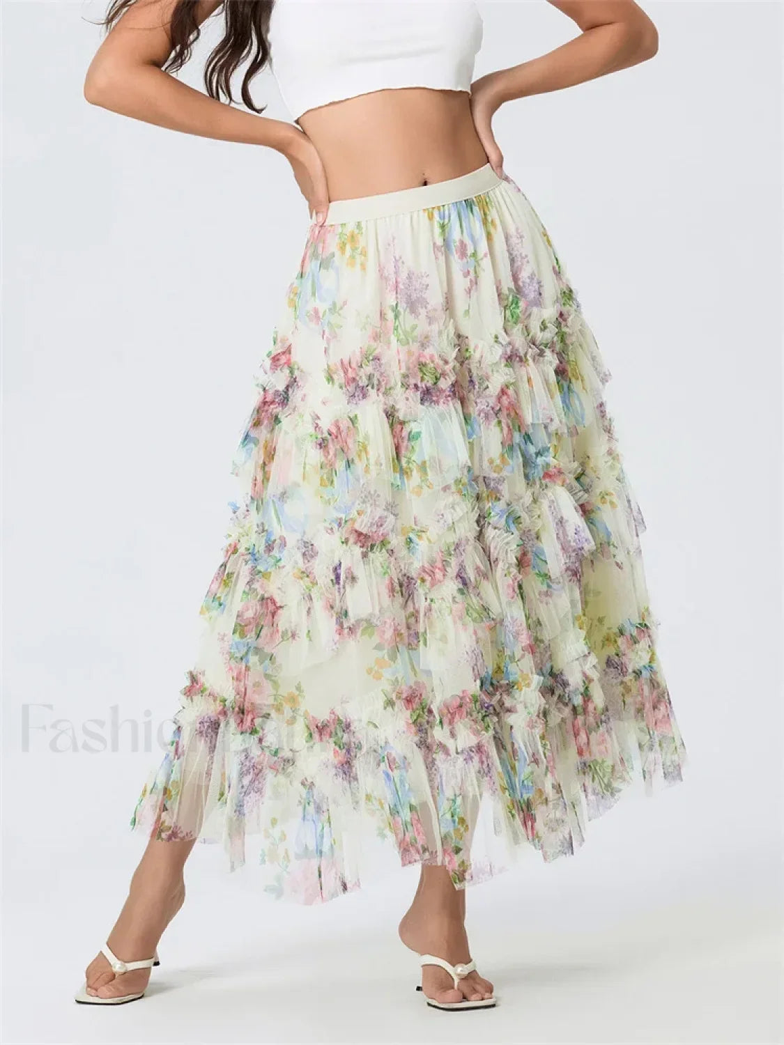 Floral Mesh Tiered Tulle Skirt