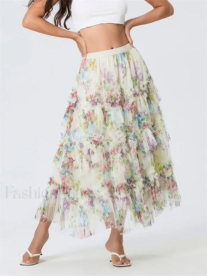 Floral Mesh Tiered Tulle Skirt
