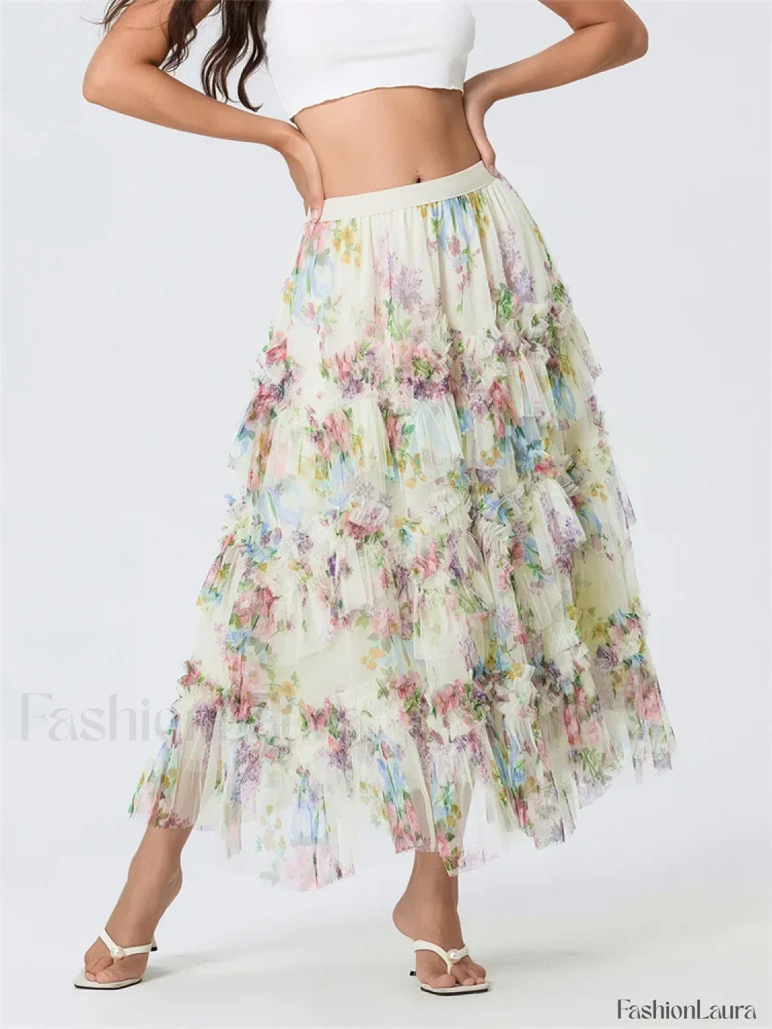 Floral Mesh Tiered Tulle Skirt