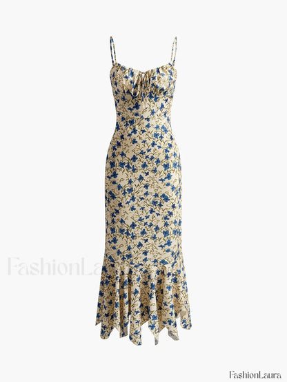 Floral Print Knotted Irregular Hem Long Dress