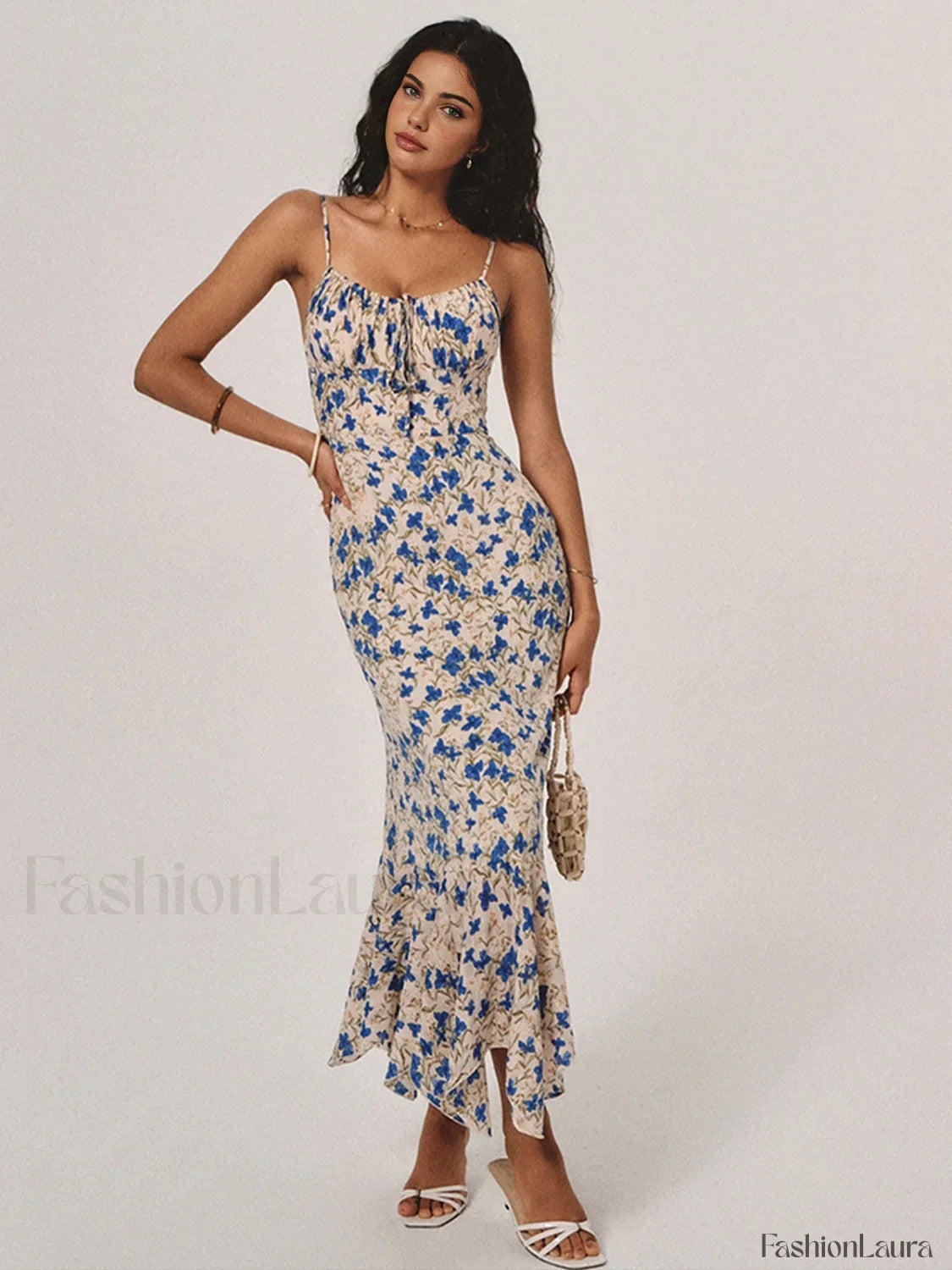 Floral Print Knotted Irregular Hem Long Dress