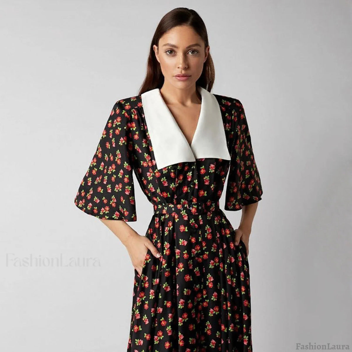 Floral Print Slit Tight Waist A line Dress Elegant Short Sleeve Doll Collar Dress