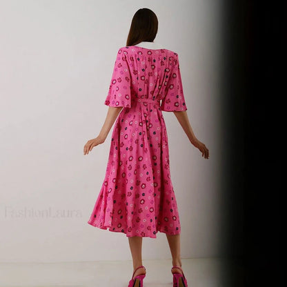 Floral Print Slit Tight Waist A line Dress Elegant Short Sleeve Doll Collar Dress