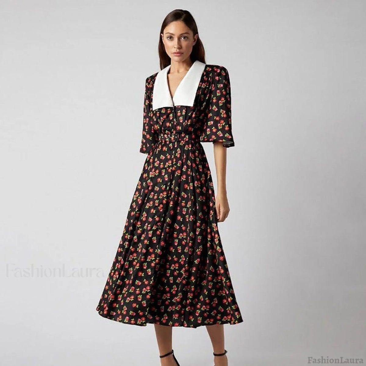 Floral Print Slit Tight Waist A line Dress Elegant Short Sleeve Doll Collar Dress