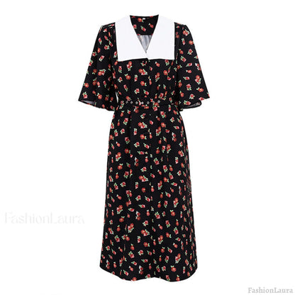 Floral Print Slit Tight Waist A line Dress Elegant Short Sleeve Doll Collar Dress