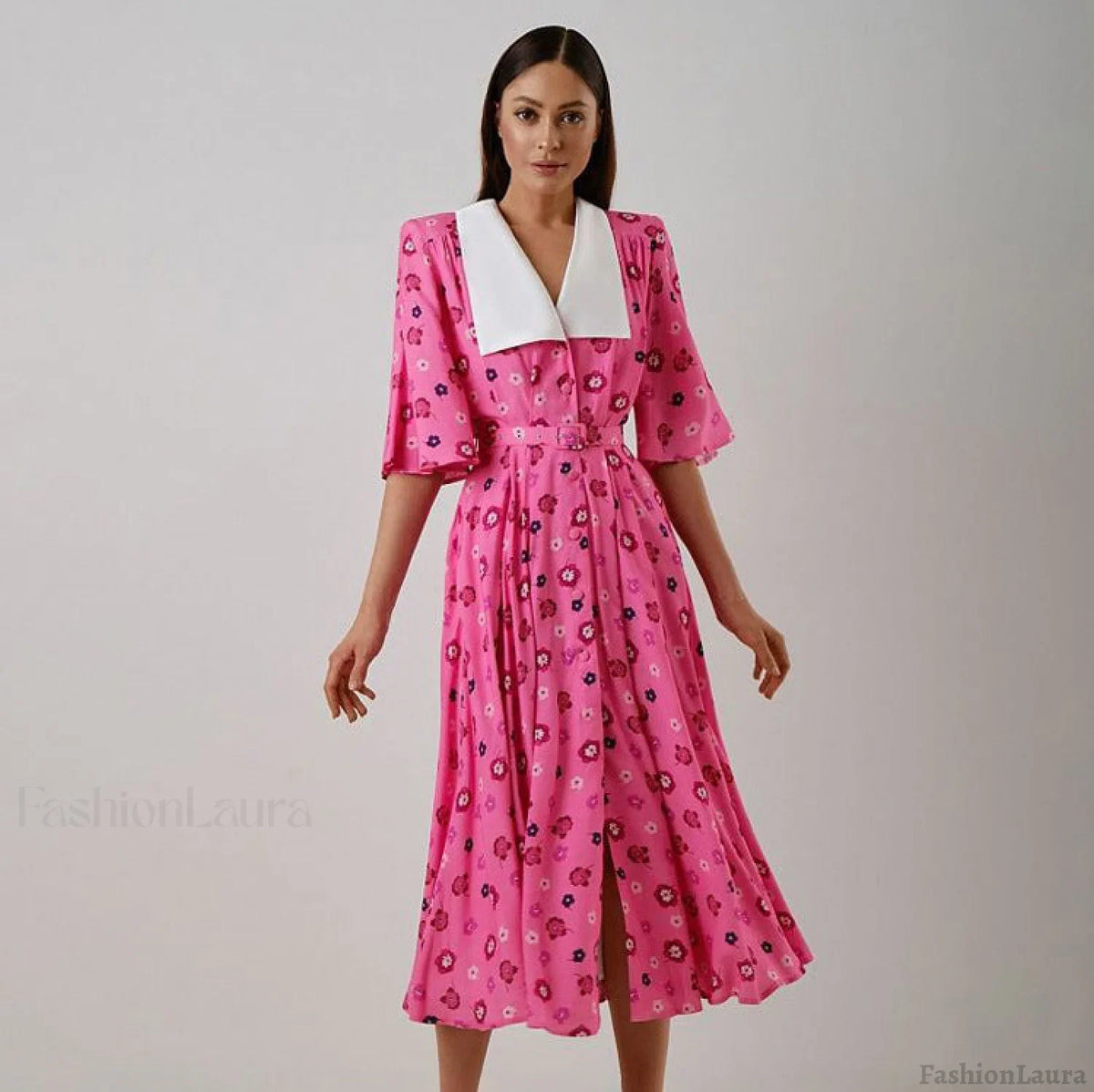Floral Print Slit Tight Waist A line Dress Elegant Short Sleeve Doll Collar Dress