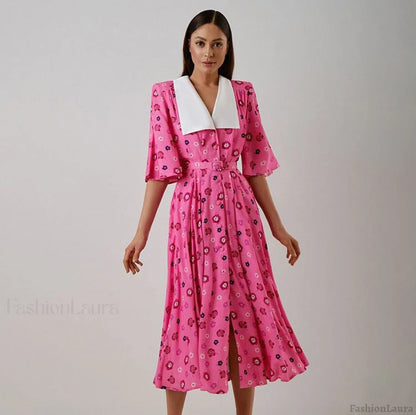 Floral Print Slit Tight Waist A line Dress Elegant Short Sleeve Doll Collar Dress