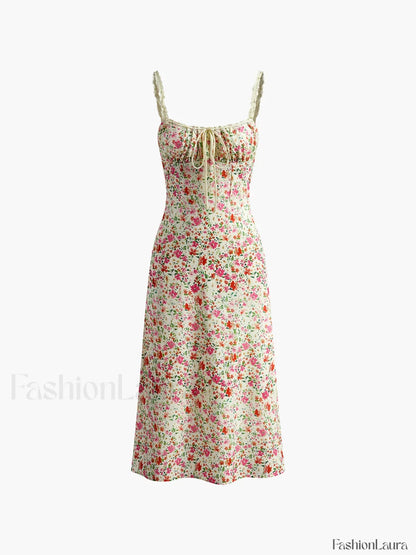 Floral Print Trim Cami Midi Dress