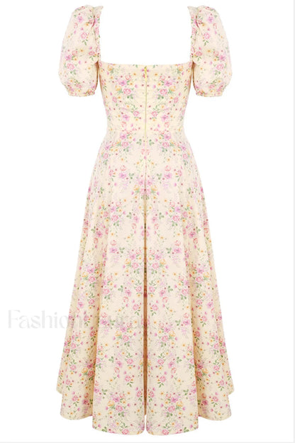 Floral Puff Sleeve Charming Boho Midi Dress