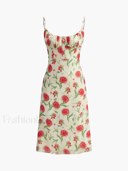 Floral Ruched Button Detail Dress