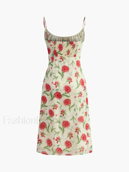 Floral Ruched Button Detail Dress