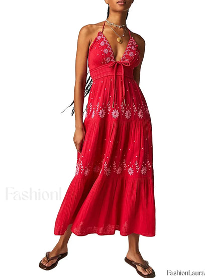 Floral Tie-Up Halter Boho Dress