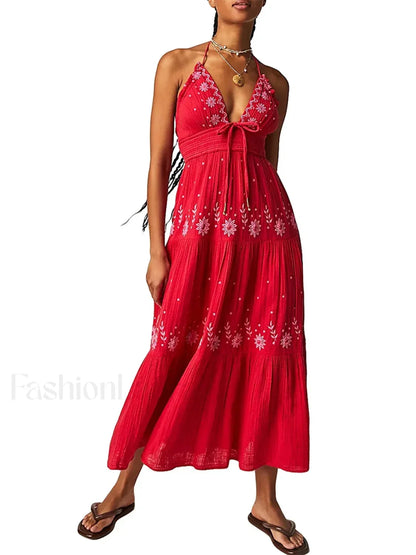 Floral Tie-Up Halter Boho Dress