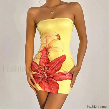 Floral Tube Top Waist Slim Beach Mini Dress