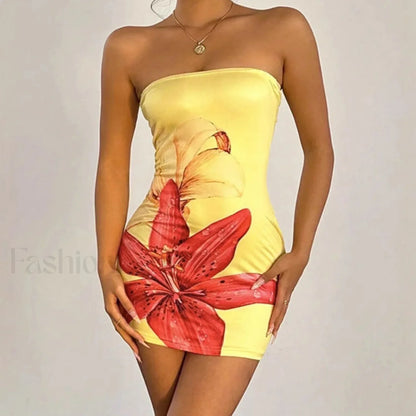 Floral Tube Top Waist Slim Beach Mini Dress