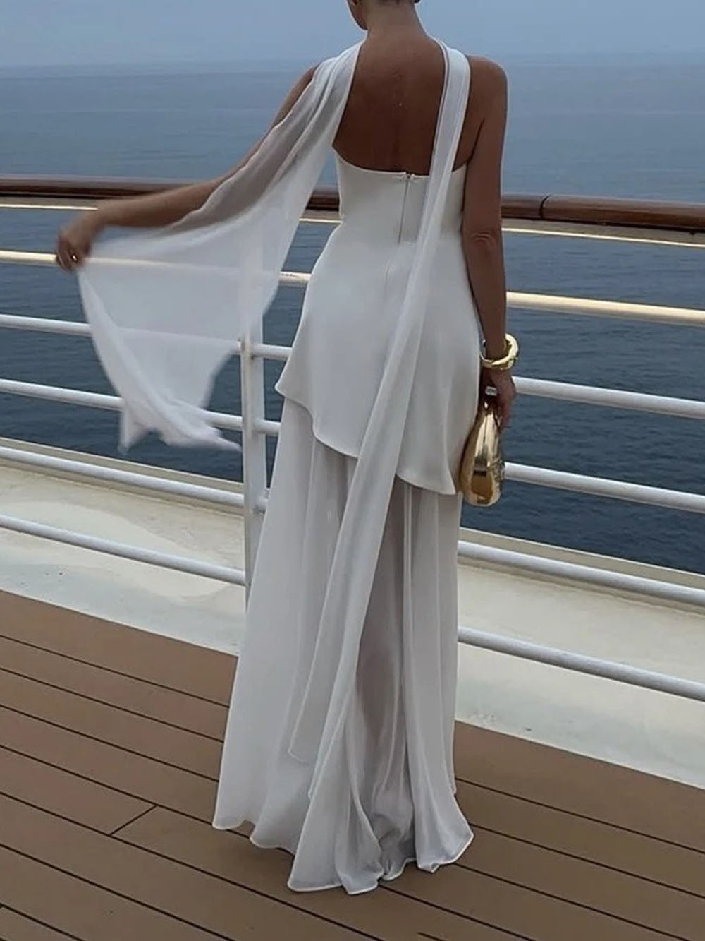 Strapless Diagonal Drape Overlay High Split Flowy Maxi Dress