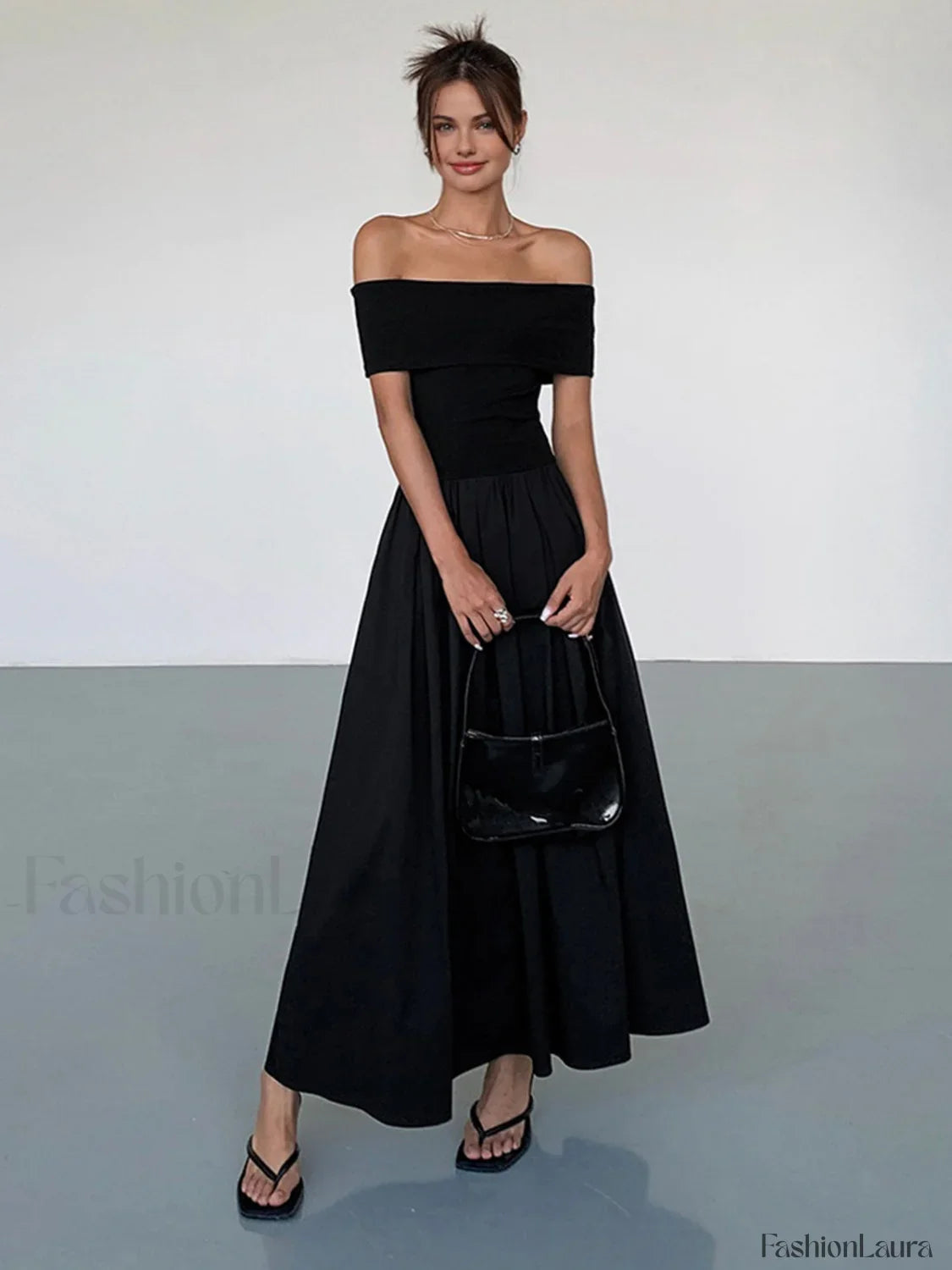 Frenchy Solid Graceful Off-Shoulder Long Dress