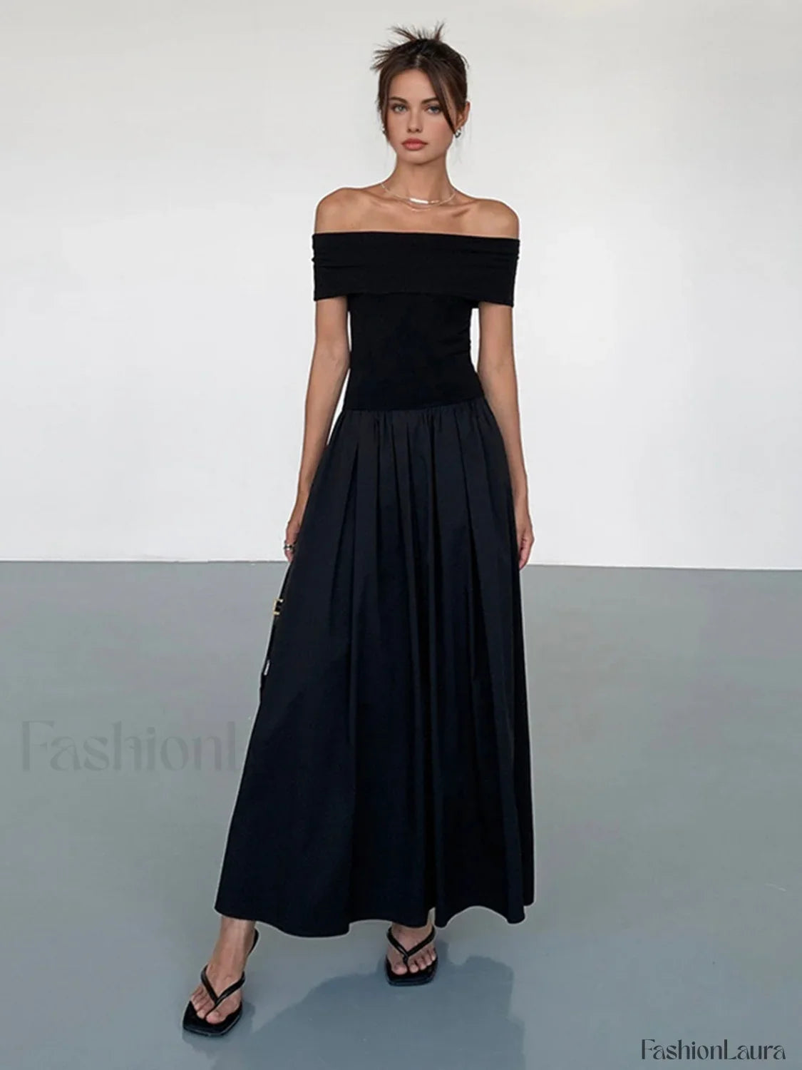 Frenchy Solid Graceful Off-Shoulder Long Dress