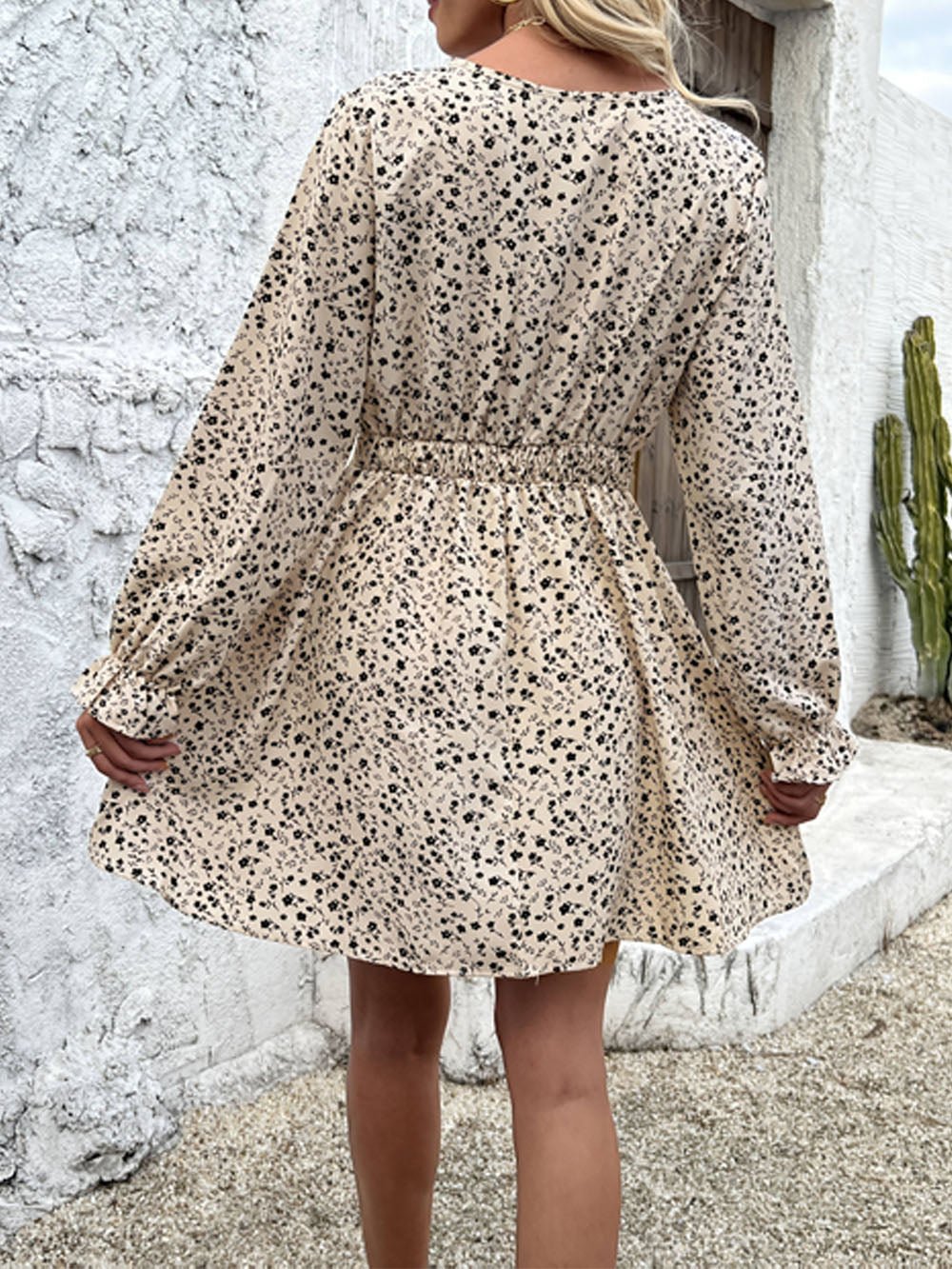 Multi Ditsy Floral Print Lace Trim Deep V-Neck Empire Waist Ruffle Cuff Mini Dress