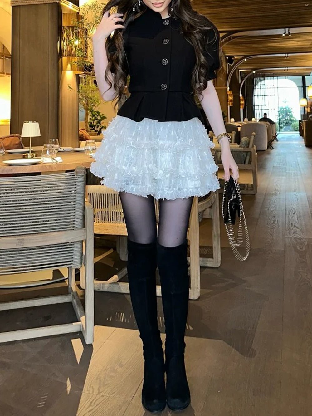 Structured Peplum Button Front Tiered Ruffle Mini Skirt Two Piece Set