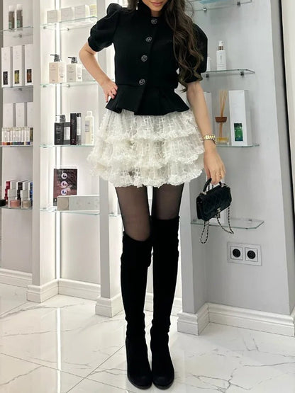 Structured Peplum Button Front Tiered Ruffle Mini Skirt Two Piece Set