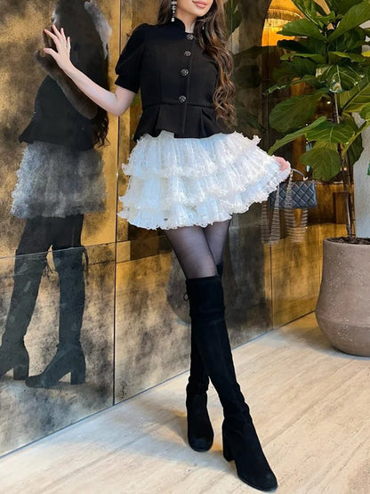 Structured Peplum Button Front Tiered Ruffle Mini Skirt Two Piece Set
