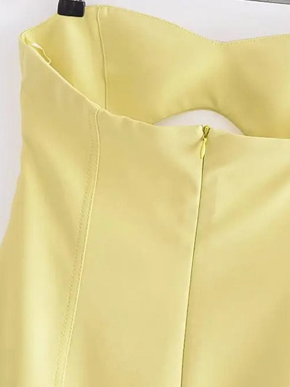 Yellow Faux Leather Strapless Sweetheart Bustier Cut Out Panel Mini Dress